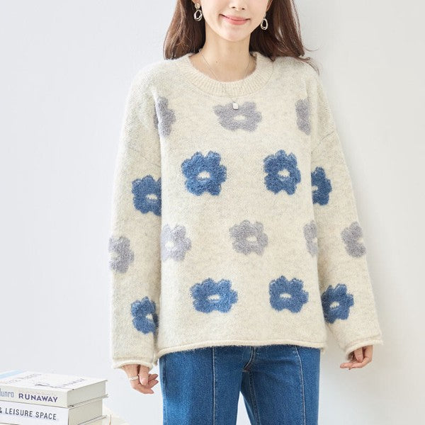 ニット プルオーバー セーター 花柄 ゆったり 体型カバー 秋 冬 M L