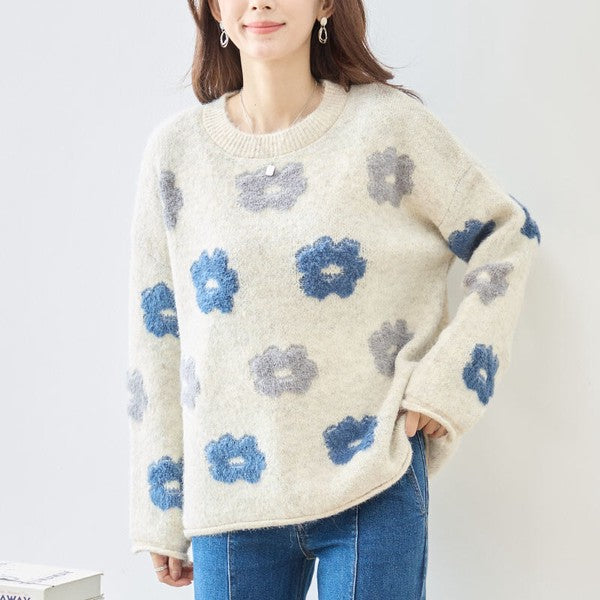 ニット プルオーバー セーター 花柄 ゆったり 体型カバー 秋 冬 M L