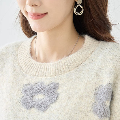 ニット プルオーバー セーター 花柄 ゆったり 体型カバー 秋 冬 M L