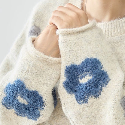 ニット プルオーバー セーター 花柄 ゆったり 体型カバー 秋 冬 M L