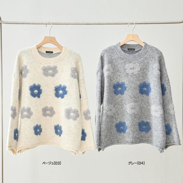 ニット プルオーバー セーター 花柄 ゆったり 体型カバー 秋 冬 M L