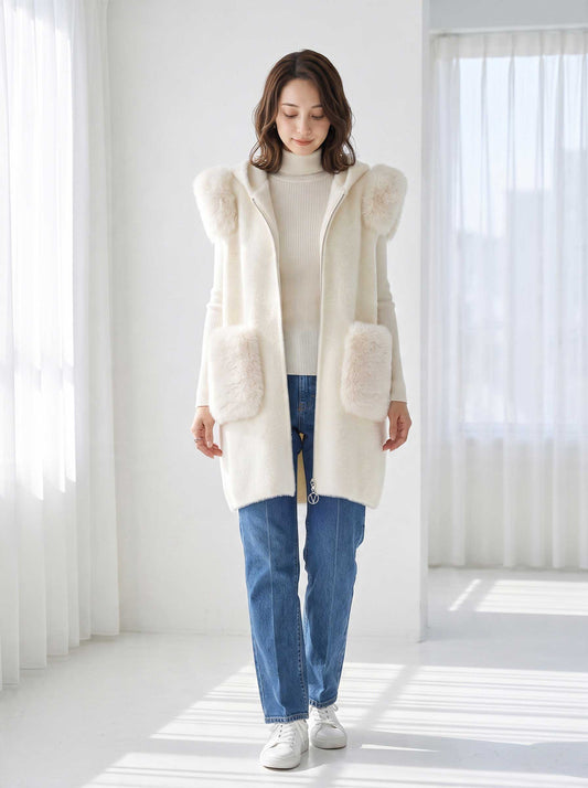 ベスト ロング ジレ アウター ファー フード ゆったり 体型カバー 秋 冬 M L