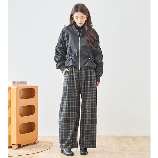 パンツ ワイド ワイドパンツ 柄物 ウエストゴム ゆったり 体型カバー 秋 冬 M L