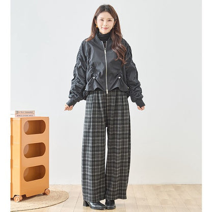 パンツ ワイド ワイドパンツ 柄物 ウエストゴム ゆったり 体型カバー 秋 冬 M L