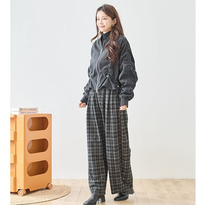 パンツ ワイド ワイドパンツ 柄物 ウエストゴム ゆったり 体型カバー 秋 冬 M L