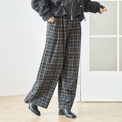 パンツ ワイド ワイドパンツ 柄物 ウエストゴム ゆったり 体型カバー 秋 冬 M L