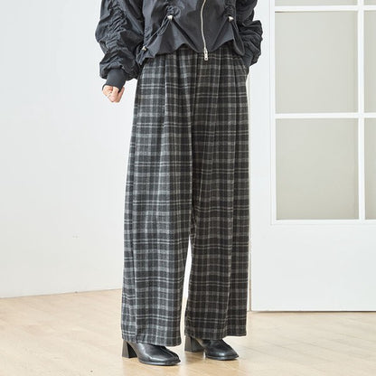 パンツ ワイド ワイドパンツ 柄物 ウエストゴム ゆったり 体型カバー 秋 冬 M L