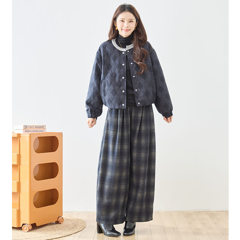 パンツ ワイド ワイドパンツ 柄物 ウエストゴム ゆったり 体型カバー 秋 冬 M L