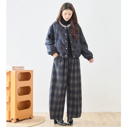 パンツ ワイド ワイドパンツ 柄物 ウエストゴム ゆったり 体型カバー 秋 冬 M L