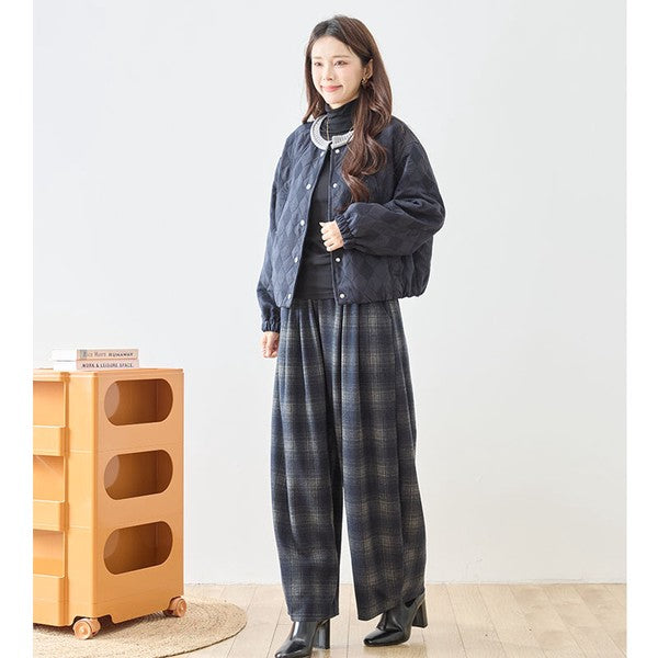 パンツ ワイド ワイドパンツ 柄物 ウエストゴム ゆったり 体型カバー 秋 冬 M L