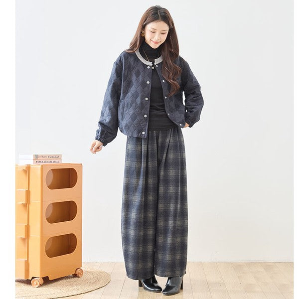 パンツ ワイド ワイドパンツ 柄物 ウエストゴム ゆったり 体型カバー 秋 冬 M L