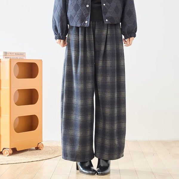パンツ ワイド ワイドパンツ 柄物 ウエストゴム ゆったり 体型カバー 秋 冬 M L