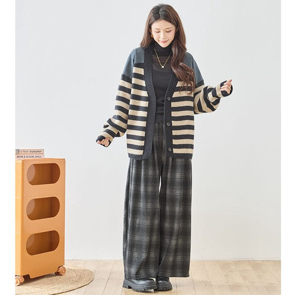 パンツ ワイド ワイドパンツ 柄物 ウエストゴム ゆったり 体型カバー 秋 冬 M L