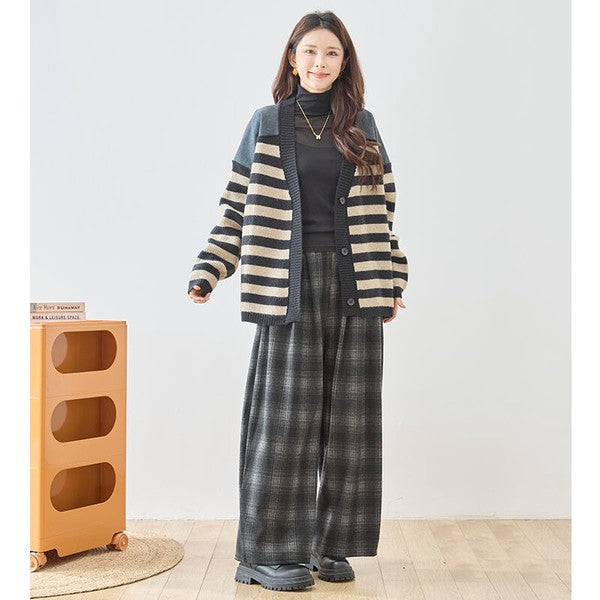 パンツ ワイド ワイドパンツ 柄物 ウエストゴム ゆったり 体型カバー 秋 冬 M L