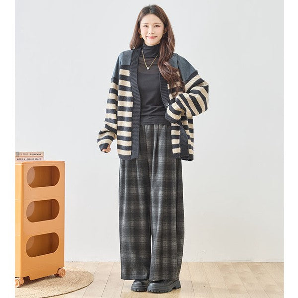 パンツ ワイド ワイドパンツ 柄物 ウエストゴム ゆったり 体型カバー 秋 冬 M L