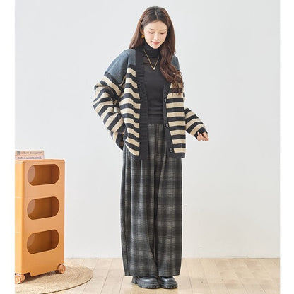 パンツ ワイド ワイドパンツ 柄物 ウエストゴム ゆったり 体型カバー 秋 冬 M L