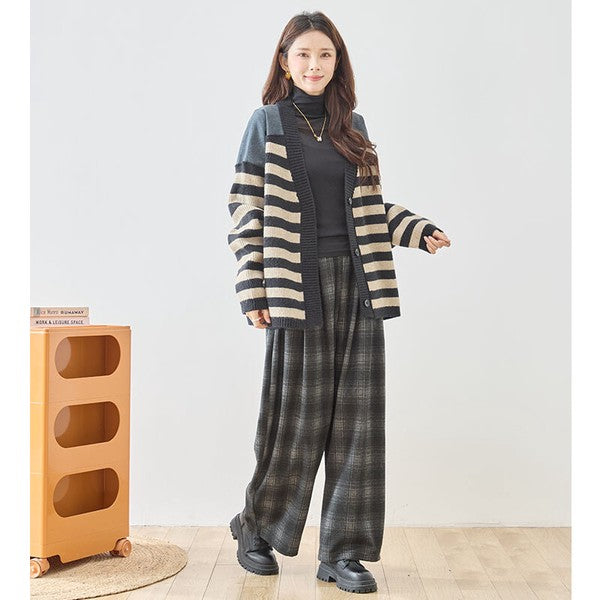 パンツ ワイド ワイドパンツ 柄物 ウエストゴム ゆったり 体型カバー 秋 冬 M L