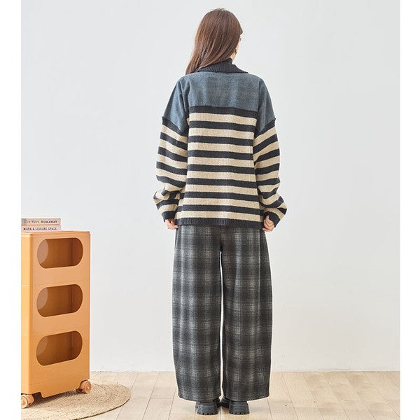 パンツ ワイド ワイドパンツ 柄物 ウエストゴム ゆったり 体型カバー 秋 冬 M L