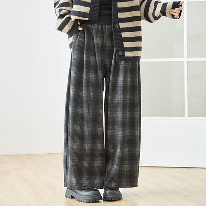 パンツ ワイド ワイドパンツ 柄物 ウエストゴム ゆったり 体型カバー 秋 冬 M L