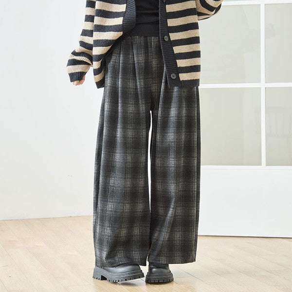 パンツ ワイド ワイドパンツ 柄物 ウエストゴム ゆったり 体型カバー 秋 冬 M L