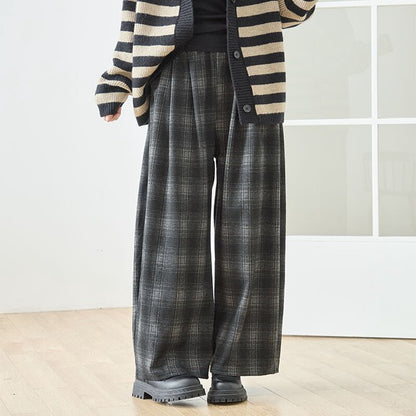 パンツ ワイド ワイドパンツ 柄物 ウエストゴム ゆったり 体型カバー 秋 冬 M L