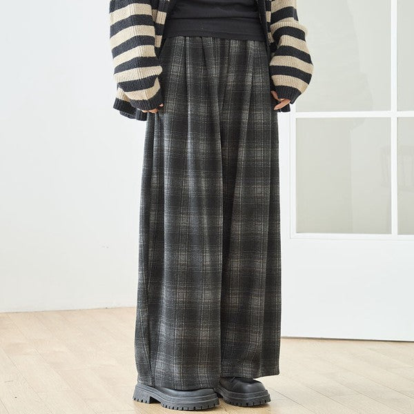 パンツ ワイド ワイドパンツ 柄物 ウエストゴム ゆったり 体型カバー 秋 冬 M L