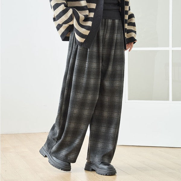 パンツ ワイド ワイドパンツ 柄物 ウエストゴム ゆったり 体型カバー 秋 冬 M L