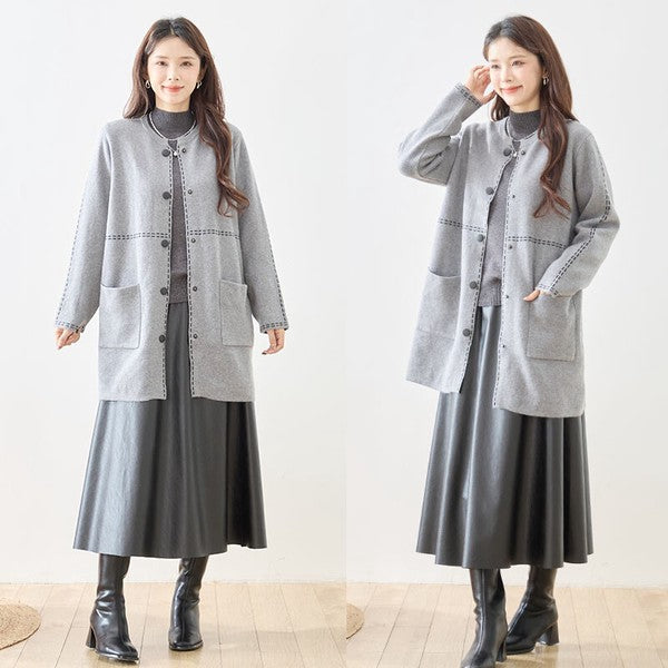 アウター ニット ライトコート カーディガン ハンドステッチ風 ノーカラー ゆったり 体型カバー 秋 冬 M L