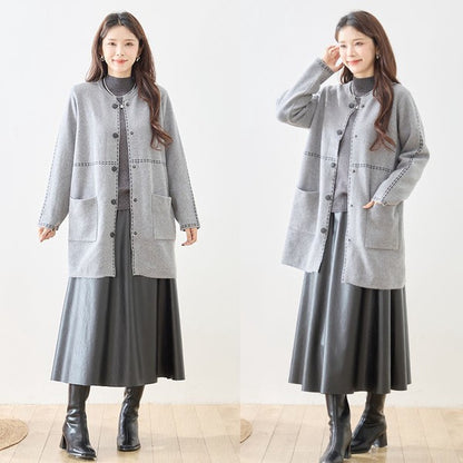 アウター ニット ライトコート カーディガン ハンドステッチ風 ノーカラー ゆったり 体型カバー 秋 冬 M L
