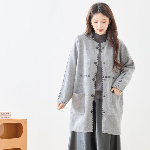 アウター ニット ライトコート カーディガン ハンドステッチ風 ノーカラー ゆったり 体型カバー 秋 冬 M L