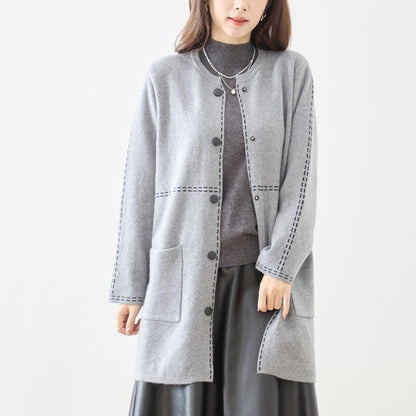 アウター ニット ライトコート カーディガン ハンドステッチ風 ノーカラー ゆったり 体型カバー 秋 冬 M L