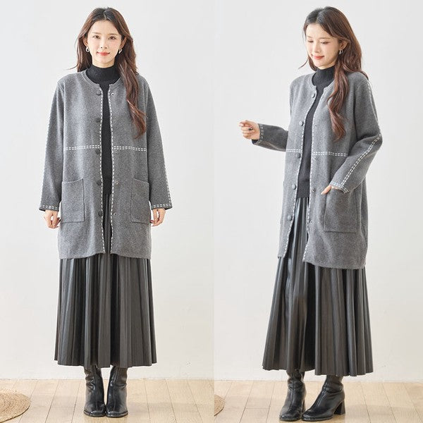 アウター ニット ライトコート カーディガン ハンドステッチ風 ノーカラー ゆったり 体型カバー 秋 冬 M L