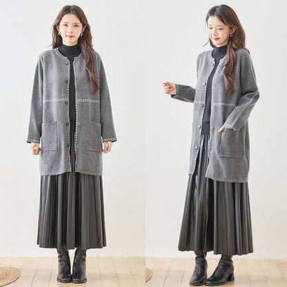 アウター ニット ライトコート カーディガン ハンドステッチ風 ノーカラー ゆったり 体型カバー 秋 冬 M L
