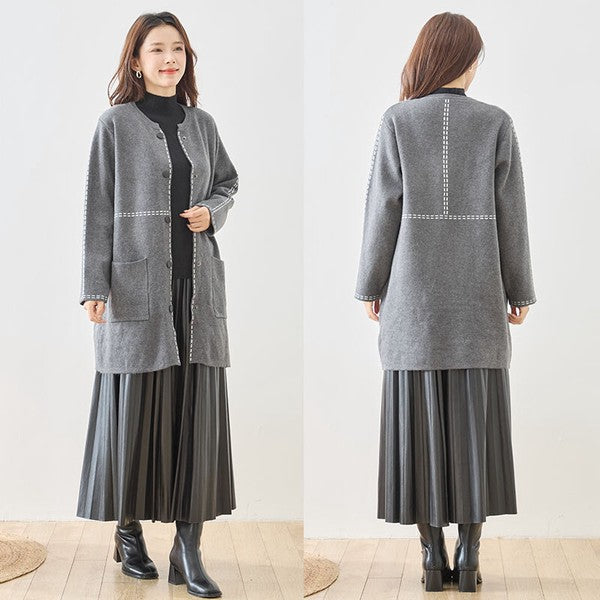 アウター ニット ライトコート カーディガン ハンドステッチ風 ノーカラー ゆったり 体型カバー 秋 冬 M L