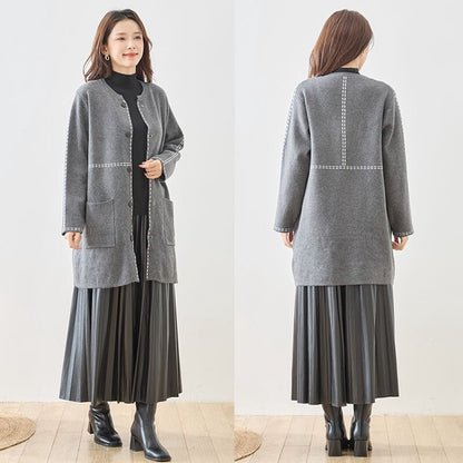 アウター ニット ライトコート カーディガン ハンドステッチ風 ノーカラー ゆったり 体型カバー 秋 冬 M L