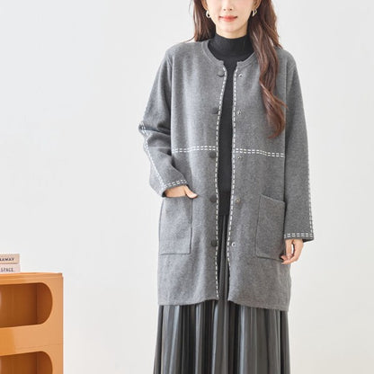 アウター ニット ライトコート カーディガン ハンドステッチ風 ノーカラー ゆったり 体型カバー 秋 冬 M L