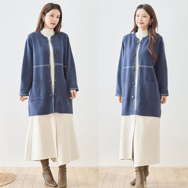 アウター ニット ライトコート カーディガン ハンドステッチ風 ノーカラー ゆったり 体型カバー 秋 冬 M L