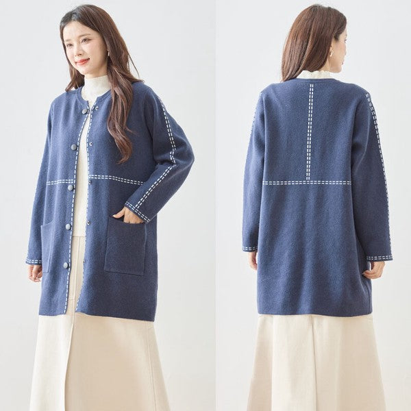 アウター ニット ライトコート カーディガン ハンドステッチ風 ノーカラー ゆったり 体型カバー 秋 冬 M L