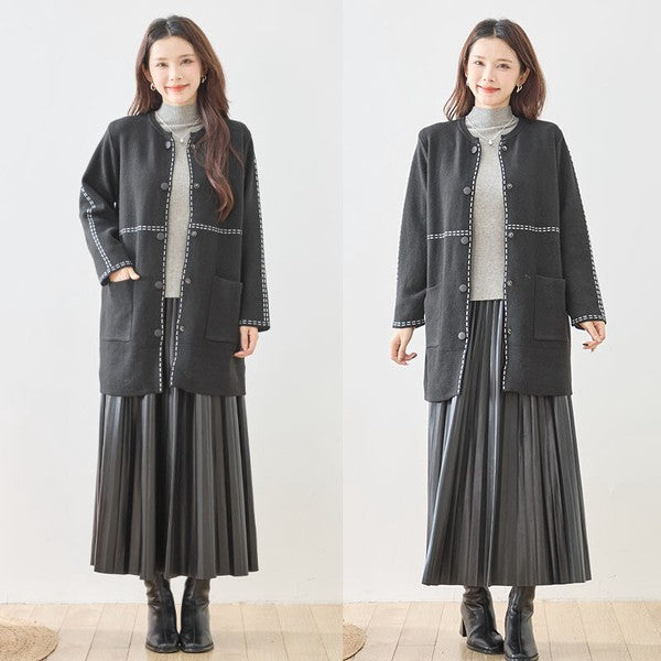 アウター ニット ライトコート カーディガン ハンドステッチ風 ノーカラー ゆったり 体型カバー 秋 冬 M L
