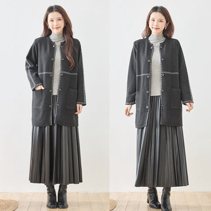 アウター ニット ライトコート カーディガン ハンドステッチ風 ノーカラー ゆったり 体型カバー 秋 冬 M L