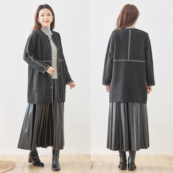 アウター ニット ライトコート カーディガン ハンドステッチ風 ノーカラー ゆったり 体型カバー 秋 冬 M L