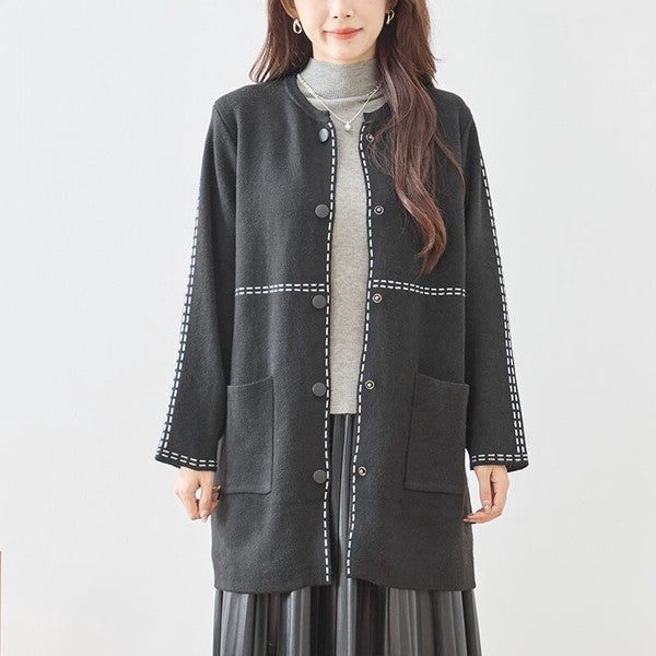 アウター ニット ライトコート カーディガン ハンドステッチ風 ノーカラー ゆったり 体型カバー 秋 冬 M L