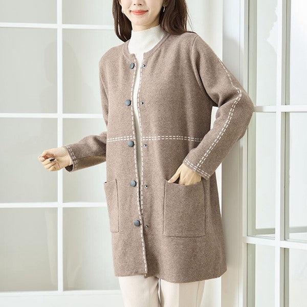 アウター ニット ライトコート カーディガン ハンドステッチ風 ノーカラー ゆったり 体型カバー 秋 冬 M L