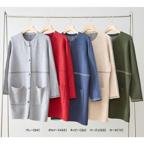 アウター ニット ライトコート カーディガン ハンドステッチ風 ノーカラー ゆったり 体型カバー 秋 冬 M L