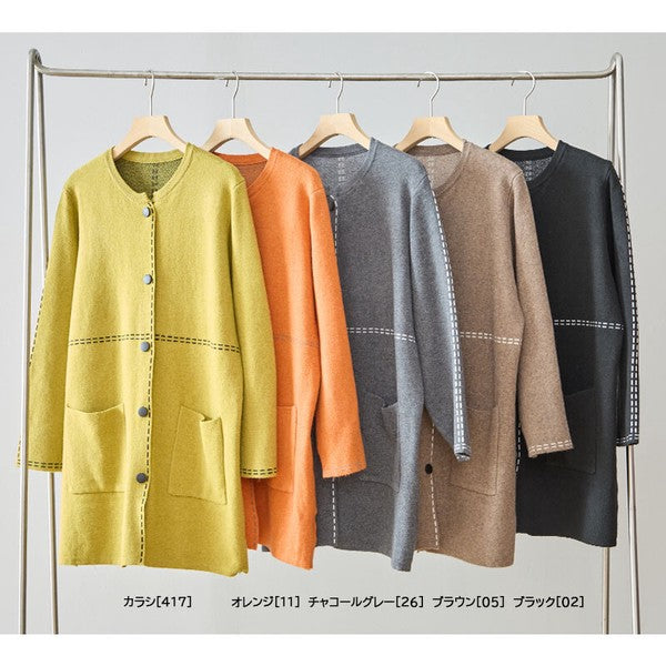 アウター ニット ライトコート カーディガン ハンドステッチ風 ノーカラー ゆったり 体型カバー 秋 冬 M L