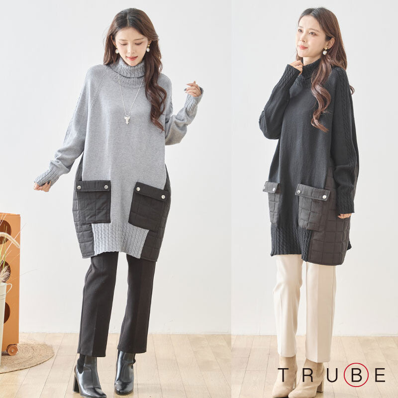 トップス ニット チュニック プルオーバー 異素材 切替 ゆったり 体型カバー 秋 冬 M L