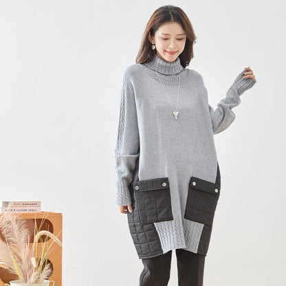 トップス ニット チュニック プルオーバー 異素材 切替 ゆったり 体型カバー 秋 冬 M L