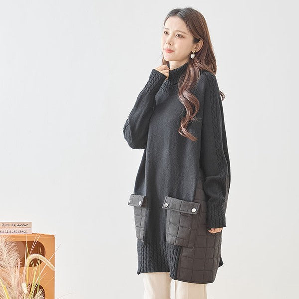 トップス ニット チュニック プルオーバー 異素材 切替 ゆったり 体型カバー 秋 冬 M L