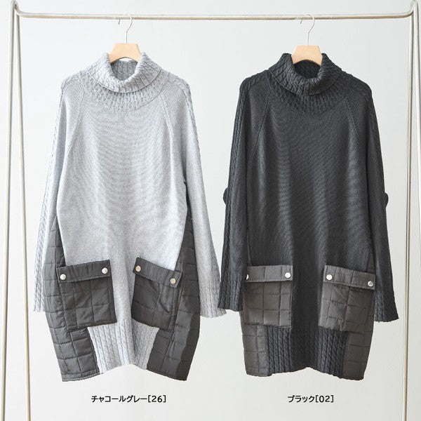 トップス ニット チュニック プルオーバー 異素材 切替 ゆったり 体型カバー 秋 冬 M L