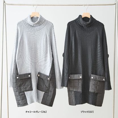 トップス ニット チュニック プルオーバー 異素材 切替 ゆったり 体型カバー 秋 冬 M L
